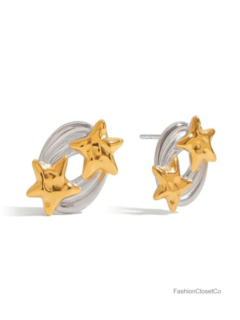 Two Tone Star Stud Earrings Stainless Steel Sensitive Ears Gift Box